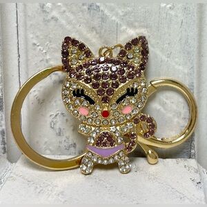 Cute Fox Rhinestone Bag Charm Fashion Accessory Keychain Purple With Gold Tone